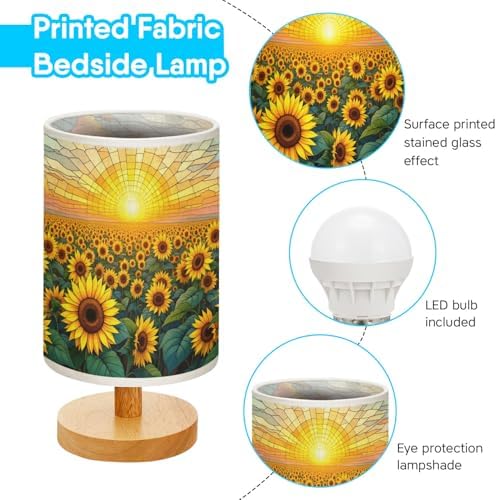 Sunflower Field Table Lamp LED 3-Color Pressed Bedside, Sunflower Field Shade Lamp with Wood Base for Bedroom Living Room Desk Office TL01