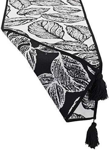 Fennco Styles Black and White Leaf Woven Table Runner - 14 x 71 Inch Reversible Runner Table Centerpiece for Dining Home Decor, Indoor Parties, Holiday Events Tassel Table Runner