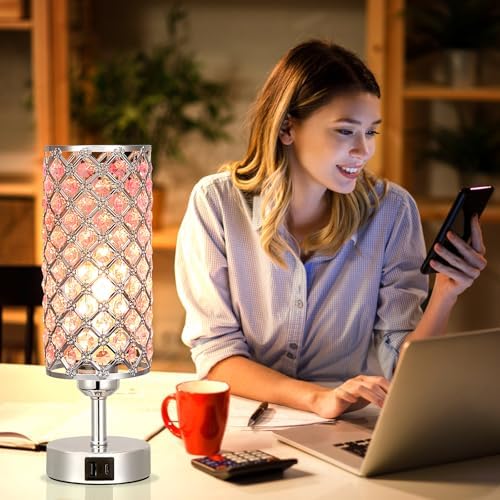 Hong-in Pink Crystal Touch Lamp with USB C+A, 3-Way Dimmable Bedside Lamp