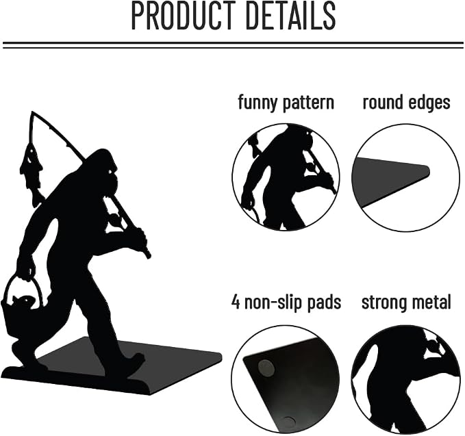 WADORN Bigfoot Fishing Metal Decorative Bookend for Shelves 1 Pair, Heavy Duty Book Ends Unique Non-Skid Books Holder Stand Black Book Support Stoppers for Desk Bookshelf Office Home, 5.3x4.3x7.9 Inch