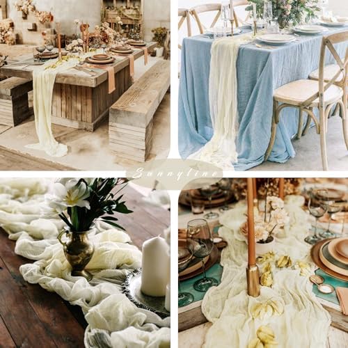 12 Pcs Beige Cheesecloth Table Runner 10FT Runner for Tables Boho Gauze Fabric Table Runner Decoration Rustic Sheer Runner for Wedding Bridal Shower Birthday Party Table Decor (35 x 120 Inches Long)
