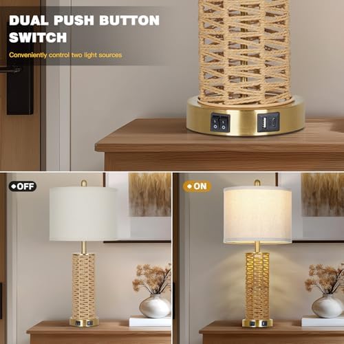 CINSARY 27" Natural Rattan Table Lamps Set of 2, Boho Bedside Lamp for Bedroom with Night Light, Woven Wicker Nightstand Lamps with 2 USB Ports & AC Outlet, Tall Farmhouse Living Room Lamp, Gold