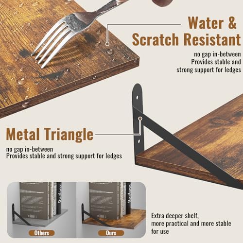 Deep Floating Shelves for Wall, 16W x 12D Wood Shelves Set of 2, Rustic Wood Floating Shelves, Wall Mounted Hanging Shelf for Living Room, Kitchen, Office, Bathroom and Bedroom Decor