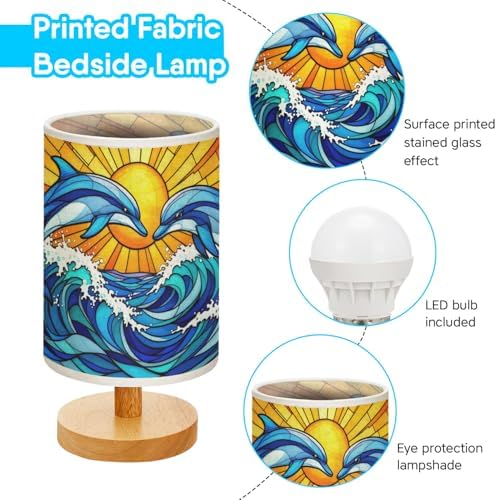 Dolphin Table Lamp LED 3-Color Pressed Bedside, Dolphin Shade Lamp with Wood Base for Bedroom Living Room Desk Office TL01