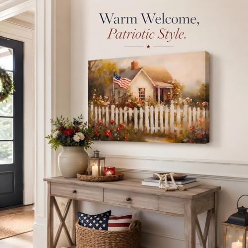 RIBNTAK Made in USA Patriotic American Flag Farmhouse Canvas Wall Art, 4th of July Cottage Garden with Roses Painting Print, Independence Day Decor for Living Room, Bedroom & Kitchen