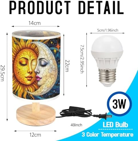 Sun and Moon Table Lamp LED 3-Color Pressed Bedside, Sun and Moon Shade Lamp with Wood Base for Bedroom Living Room Desk Office TL01