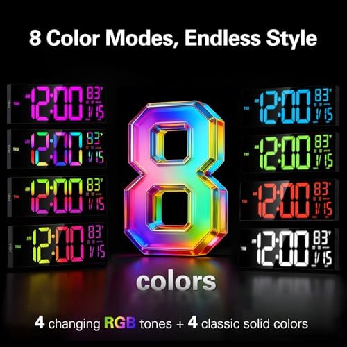 JALL 16" Large Digital Wall Clock with RGB Colors for Classroom, Wall Clock with Bluetooth for Time Set, Digital Clock with Temperature Timer Dual Alarm, Classroom Decor for Teacher Student, Black