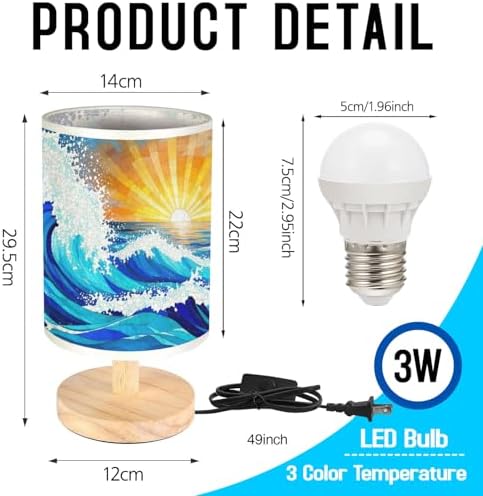 Sea and Ocean Waves Table Lamp LED 3-Color Pressed Bedside, Sea and Ocean Waves Shade Lamp with Wood Base for Bedroom Living Room Desk Office TL01