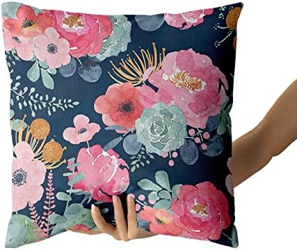 Watercolor Flower Throw Pillow Cover 22x22 Inch Pink Peony Floral with Green Leaf Decorative Pillow Cases Summer Navy Blue Cushion Cover for Home Bedroom Outdoor Garden Decor