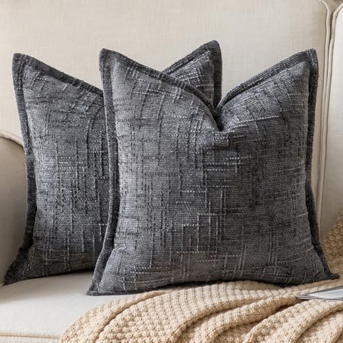 Yaertun Chenille Throw Pillow Covers 24x24 Inch Set of 2 Textured Broadside Soft Cozy Velvet Pillow Covers Modern Farmhouse Boho Decorative Pillow Cases for Couch Bed Sofa Livingroom Dark Gray