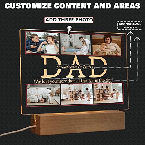 Personalized Photo Acrylic HAPPY FATHERS DAY Sign Plaque Gifts for Dad Papa Grandpa from Daughter Son Wife Customizable LED Night Light Wooden Base Lamps Desk Bedroom Decor Signs