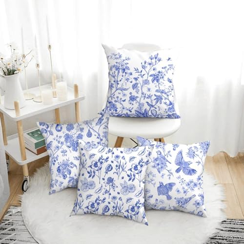 Blue Floral Bird Pillow Covers 18x18 Inch, Chinoiserie Throw Pillow Cases Set of 4 Spring Summer Flower Decorative Pillowcases for Couch Bed Sofa Cushion Living Room, Chinoiserie Decor