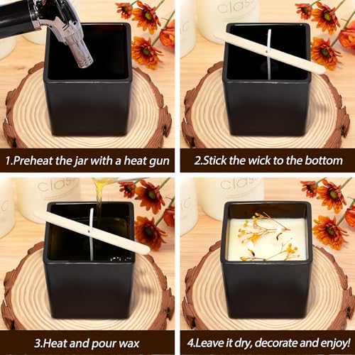 CONNOO 12 Pack 9oz Matte Black Glass Square Candle Jars with Bamboo Lids