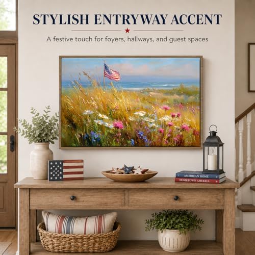 American Flag Framed Canvas Wall Art, 4th of July Patriotic Canvas Prints | Wildflower Landscape Poster Print, Vintage Rustic Independence Day Wall Decor for Bedroom Living Room Office 11×14in