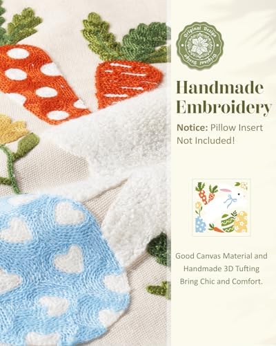 Easter Pillow Cover 18x18 Inch – Embroidered Spring Throw Pillow Cover Eggs Rabbit Carrots Farmhouse Decorative Easter Cushion Case with Hidden Zipper for Couch, Sofa, or Living Room(1 Pack)