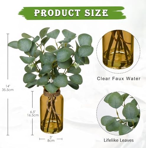 Artificial Eucalyptus Stems Fake Plants in Glass Vase with Faux Water