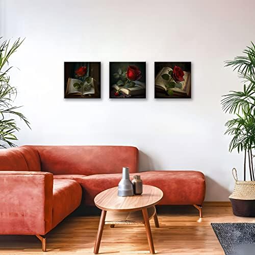 NAN Wind 3PCS Vintage Romantic Rose Canvas Wall Art Red Flower on Open Book Dark Gothic Aesthetic Literary Themed Antique Style Floral Home Decor for Bedroom Living Room Library Wall Decoration