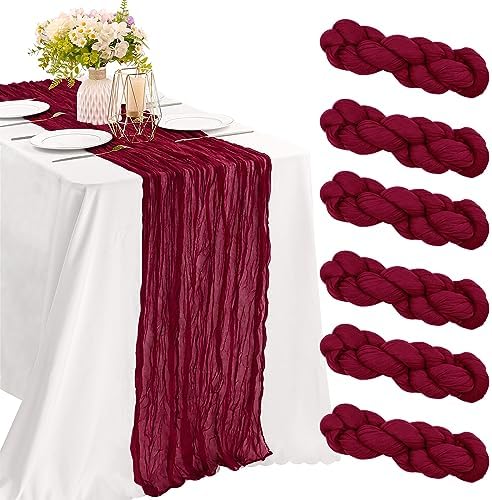6 Pieces Burgundy 10FT Cheesecloth Table Runner Boho Gauze Fabric Table Runner Rustic Sheer Runner for Wedding Birthday Baby Shower Party Boho Table Decoration（Burgundy）