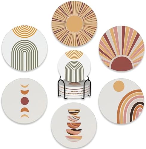 6 Pcs Coasters for Drinks with Holder,Minimalist Geometric Boho Absorbent Coaster with Cork Backing,Great Gift for Housewarming,Room Decor,Bar,Holiday Party