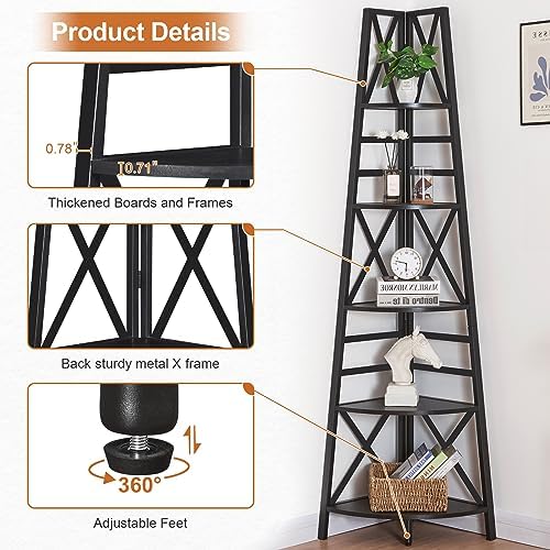 HOMBAZAAR 5 Tier Corner Shelf,72 Inch Tall Corner Bookshelf,Black