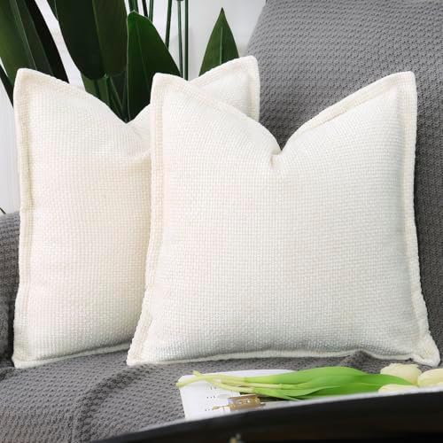 MADIZZ Decorative Chenille Velvet Throw Pillow Covers Set of 2 Soft Boho Textured Neutral Couch Throw Pillow for Bed Modern Farmhouse Home Decor for Sofa Livingroom Cream 20x20 Inch