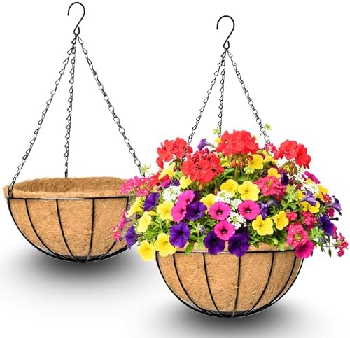 2 Pack 12 Inch Hanging Baskets for Plants Outdoor Metal Hanging Planters Round Hanging Flower Pots with Coco Coir Liner Plant Holder for Outdoor Patio Garden Balcony Decor - Watermelon