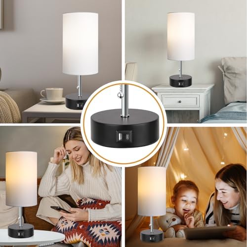 ROTTOGOON 3-Color Temperature Bedside Lamp Nightstand Lamp with USB A Port and C Port, Table Lamp for Bedroom with LED Bulb Small Lamps for Living Room (White)