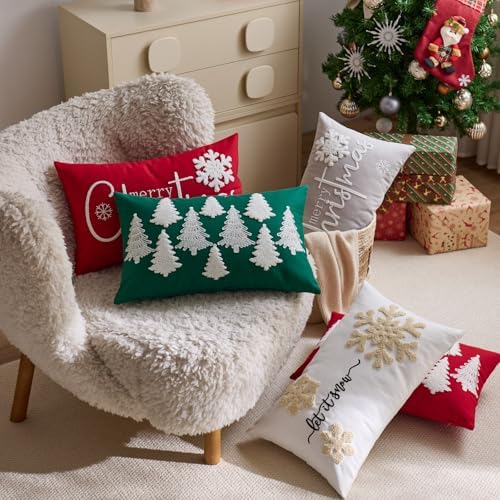 Green Christmas Pillow Covers 12x20 Inch Embroidery White Xmas Trees Decorative Lumbar Throw Pillow Cover Winter Holiday Pillow Case Cushion Cases for Sofa Couch Living Room Decorations