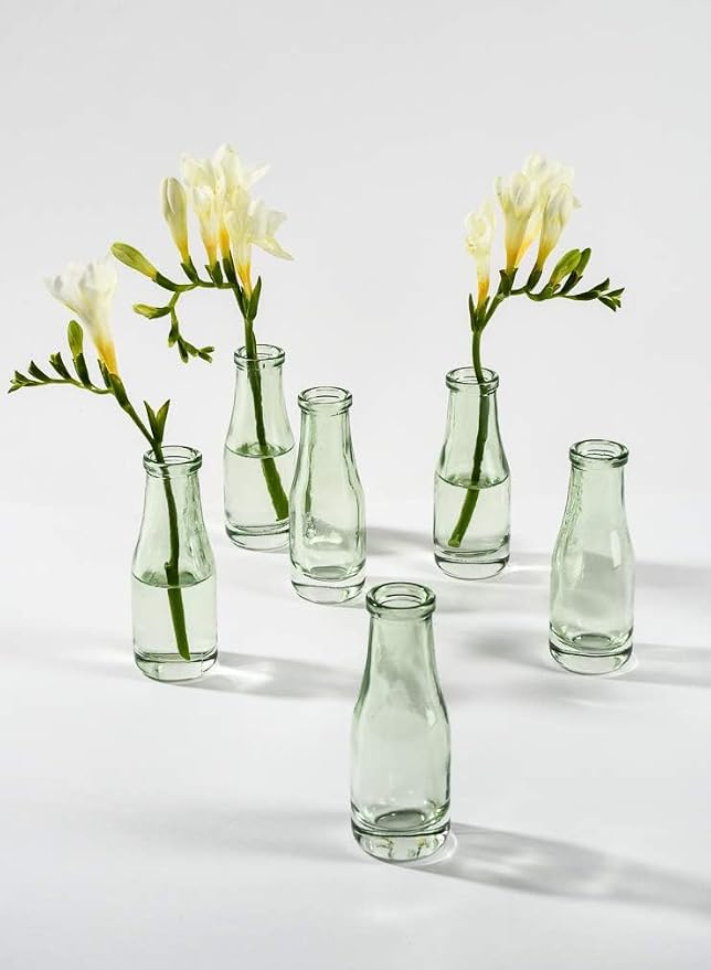 Serene Spaces Living Mini Green Glass Bud Vase, Centerpiece for Wedding Reception, Mini Flower Vases for Home Decor, Vintage Bottle Style Vase, 3.75" Tall & 1.25" Diameter - Pack of 6
