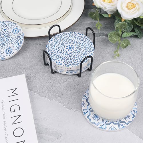 Coasters with Holder,Blue and White Style Ceramic Drink Coaster, Absorbent Coaster Sets of 6 for Tabletop Protection,Suitable for Kinds of Cups,Cool Home Decor, Wooden Table, 4.1 Inches