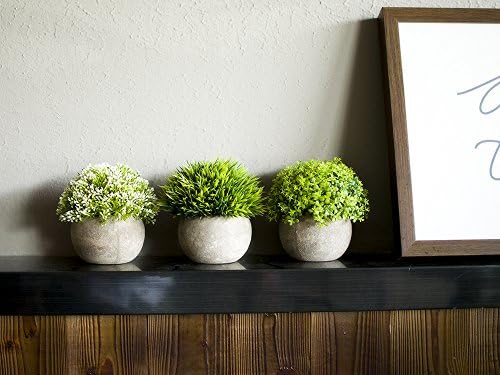 Opps Artificial Plastic Mini Plants Unique Fake Fresh Green Grass Flower in Gray Pot for Home Décor – Set of 3