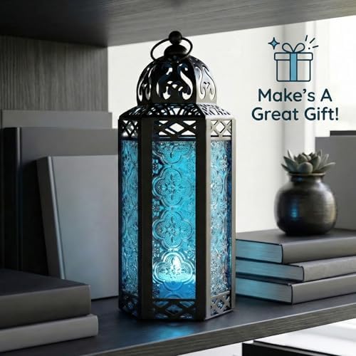 Vela Lanterns Decorative Indoor Moroccan Candle Holder, Blue, M, 3-Pack