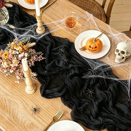 6Pcs Black Table Runner, 10FT Black Cheesecloth Halloween Table Runner 35*120inch Boho Runner for Halloween Indoor Table Kitchen Party Decorations