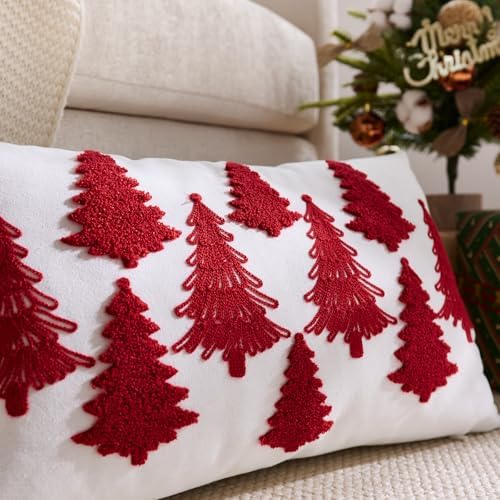 White Christmas Pillow Covers 12x20 Inch Embroidery Red Xmas Trees Decorative Lumbar Throw Pillow Cover Winter Holiday Pillow Case Cushion Cases for Sofa Couch Living Room Decorations
