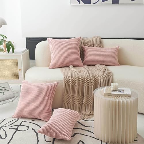Home Brilliant 12x20 Pillow Covers Set of 2 Rectangle Throw Pillow Striped Corduroy Oblong Throw Pillowcases for Lumbar Pillows Girl's Room Decor 12 x 20 inch, Baby Pink