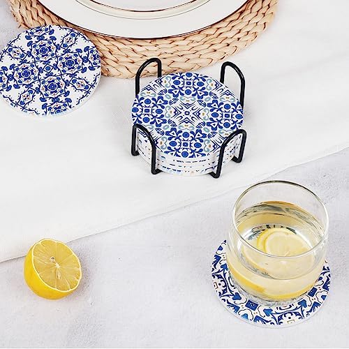 Ceramic Coasters for Drinks Absorbent - Metal Holder Set, Dry & Clean, Anti-Slip Cork Bottom - Blue and White Porcelain, Perfect for Living Room, Kitchen, or Outdoor Use