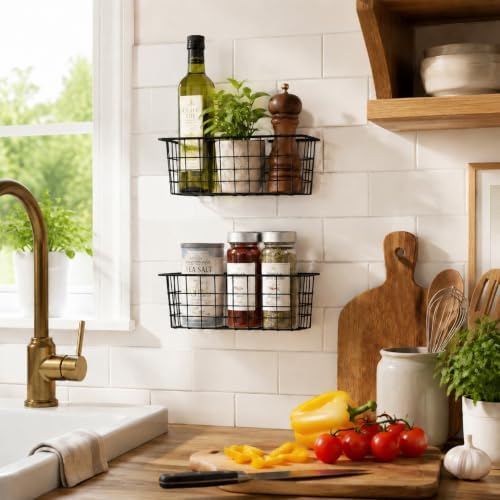 MaraFansie Hanging Kitchen Baskets, 2 Pack Wire Storage Basket Over Cabinet Door Organizer with Adhesive Hooks, No Drilling Pantry & Cabinet Organization for Kitchen Bathroom, Extra 2 Hooks, Black