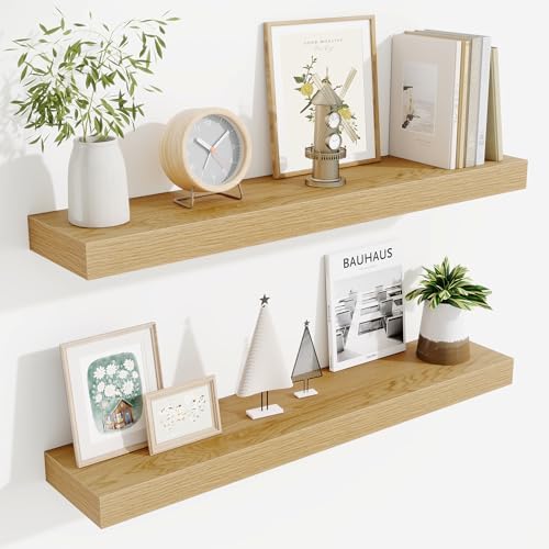 Fun Memories Bathroom Shelves 32 Inch Long Set of 2, Floating Shelves for Wall with Invisible Brackets, for Bedroom, Living Room, Kitchen, Oak