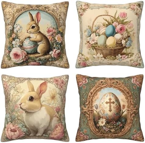 Easter Bunny Egg Vintage Throw Pillow Covers Set of 4 Decorative Soft Double Sided Print Pillow Case Farmhouse Home Decor for Living Room Sofa Couch 18x18