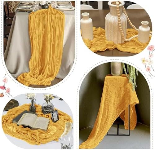 12 Pack Gold Cheesecloth Table Runner 17 x 108 Inch Gauze Table Runner Fabric Semi Sheer Cheese Cloth Table Decor Bulk for Rustic Romantic Wedding Baby Shower Table Decoration