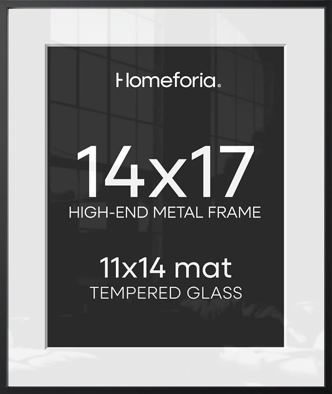 Homeforia 14x17 Black Picture Frame, High-End Metal, 11x14 Mat, Glass