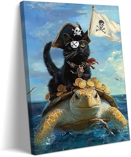 Framed Pirate Cat Wall Art Canvas Print, Funny Black Cat Riding Turtle Ocean Adventure Poster, Cute Animal Fantasy Painting Picture for Kids Room Bedroom Living Room Home Decor 12x16 Inch