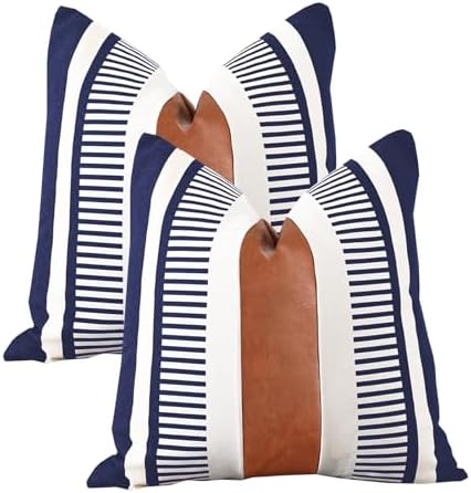 Set of 2 Decorative Faux Leather Pillow Covers 16x16 inch, Modern Boho Cushion Cover Set for Couch Living Room Bedroom Striped Accent Pillowcase Farmhouse Decor, Navy Blue