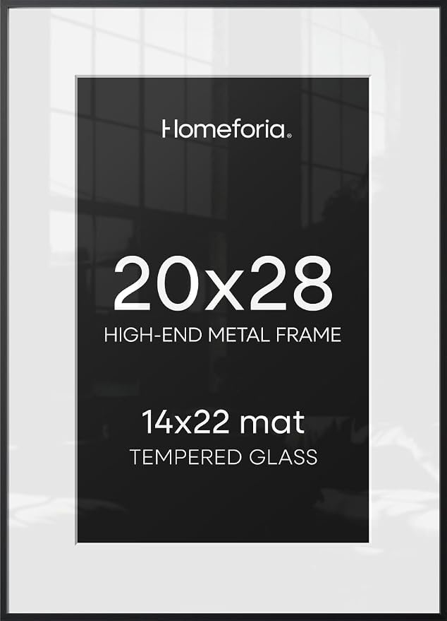 Homeforia 20x28 Black Picture Frame, High-End Metal, 14x22 Mat, Glass