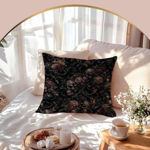 Whimsigoth Gothic Skull Snake Floral Throw Pillow Cover 18x18