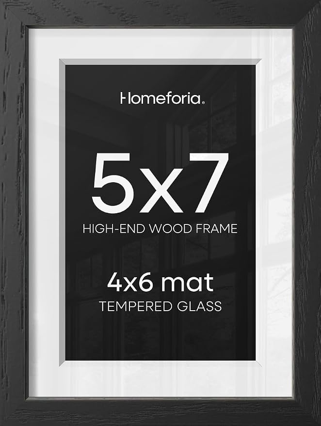 Homeforia 5x7 Black Oak Picture Frame, High-End Wood, 4x6 Mat, Glass