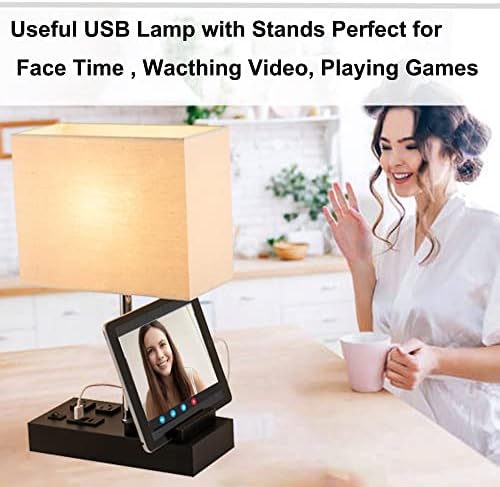 Briever USB Table Lamp, Multi-Functional Desk Lamp with 2 AC Outlets, Bedside Lamp with 3 USB Charging Ports and Wooden Phone Stands, Nightstand Lamp for Bedroom, Livingroom, Office, Linen Shade