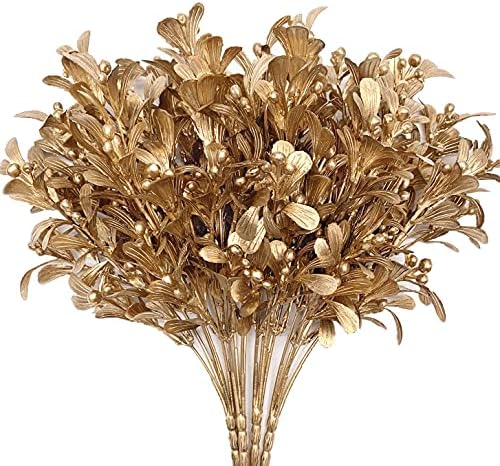 Artificial Flowers Christmas Decor, Golden Leaves Branches Plants Fake Berry Grass for Wedding Bridal Bouquet Party Indoor DIY Home Office Table Centerpieces Arrangements Decoration - Gold 4 Pack
