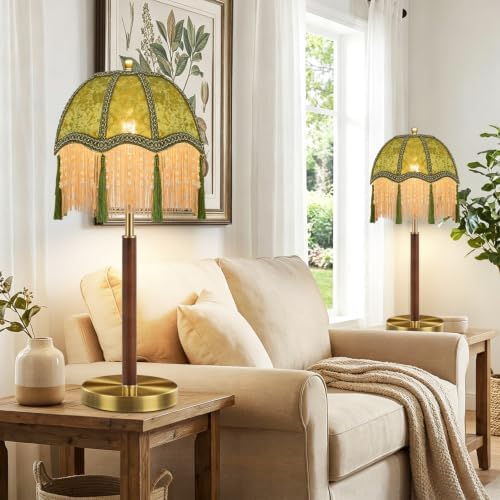 Vintage Table Lamp Dimmable Bedside Lamps With Victorian Fringe,Gold Small Wood Retro Desk Tall Table Light Green Mid Century Modern Nightstand Table Lamp for Bedroom Living Room