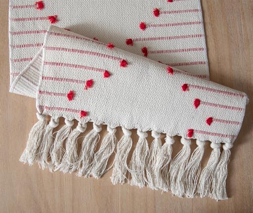 Christmas Table Runner 13 x 108 Inch Long Natural Cotton Woven Runner with Tassels for Home Dining Christmas Decorations, for Modern Farmhouse Holiday Boho Table Runner, Red and Beige
